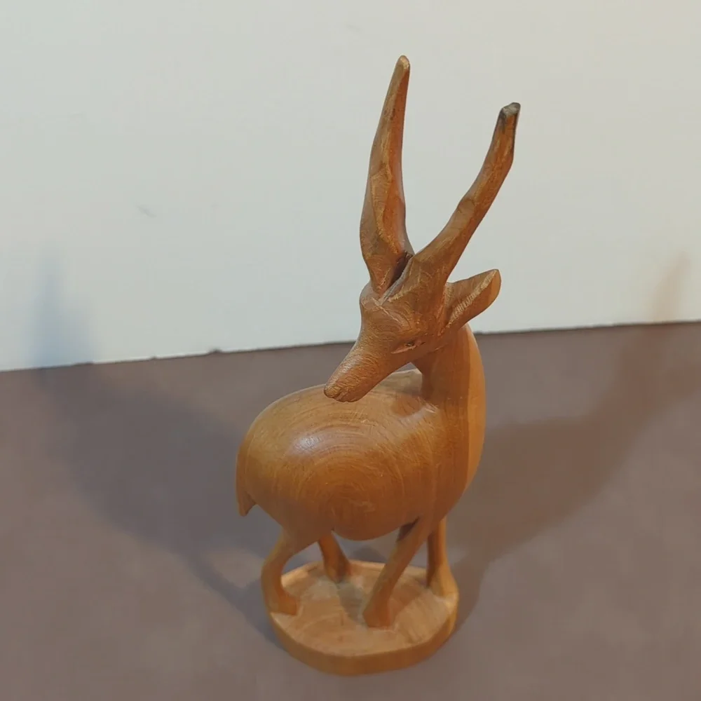 Hand carved wooden pair rhino antelope gazelle deer statue set of 2
